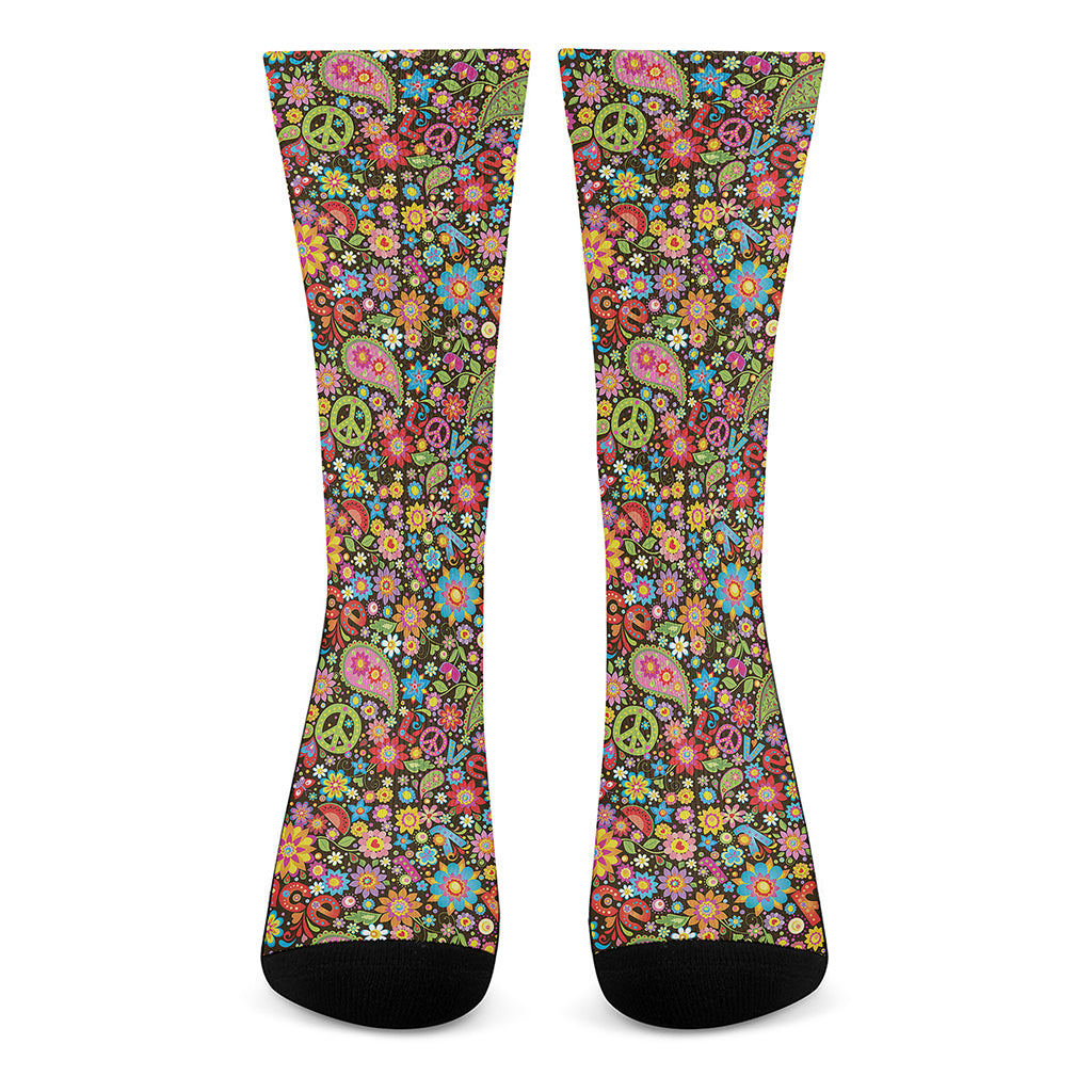 Colorful Hippie Peace Symbols Print Crew Socks