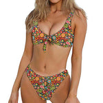 Colorful Hippie Peace Symbols Print Front Bow Tie Bikini