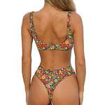 Colorful Hippie Peace Symbols Print Front Bow Tie Bikini