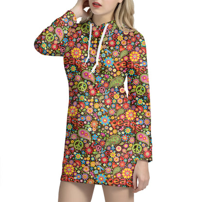 Colorful Hippie Peace Symbols Print Hoodie Dress