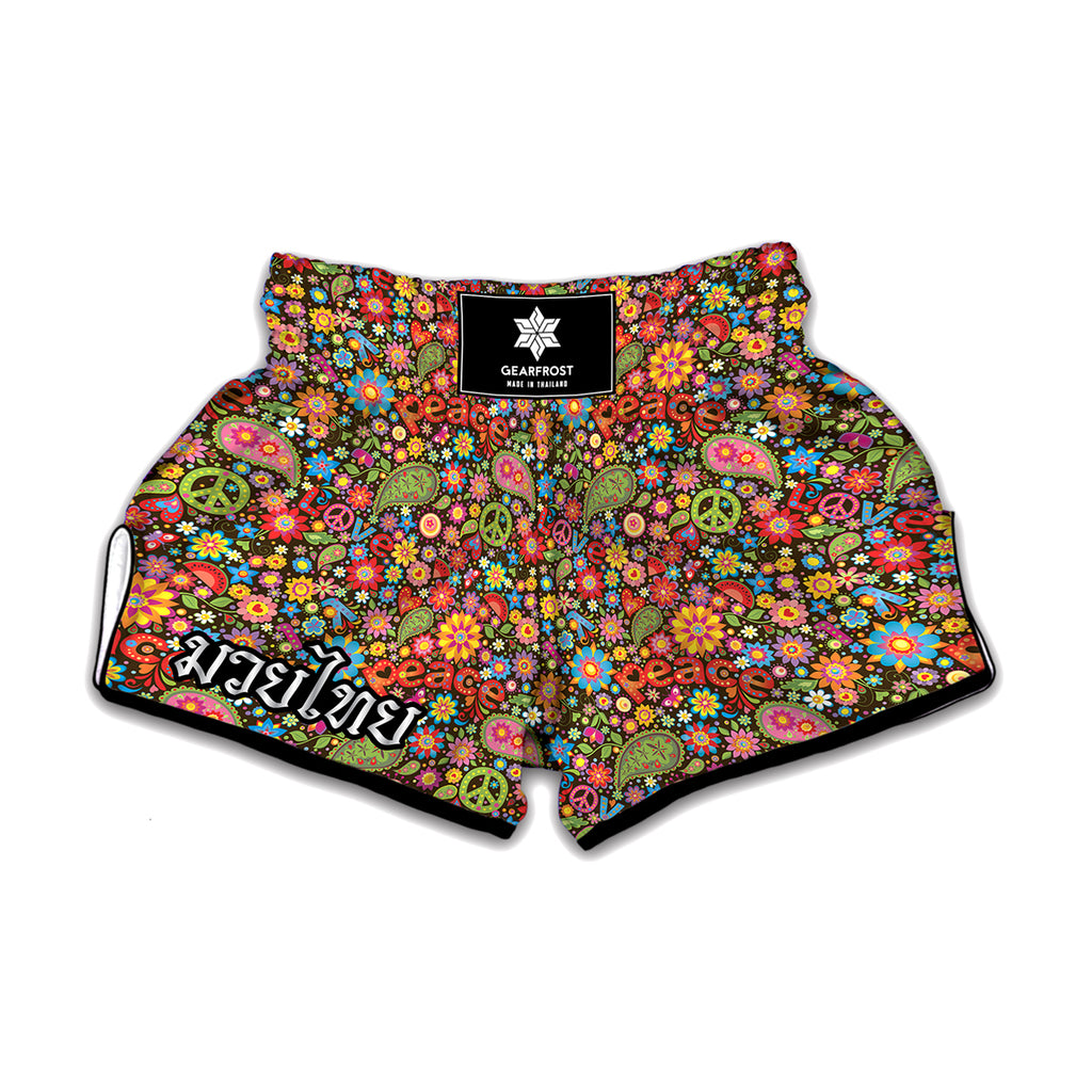 Colorful Hippie Peace Symbols Print Muay Thai Boxing Shorts