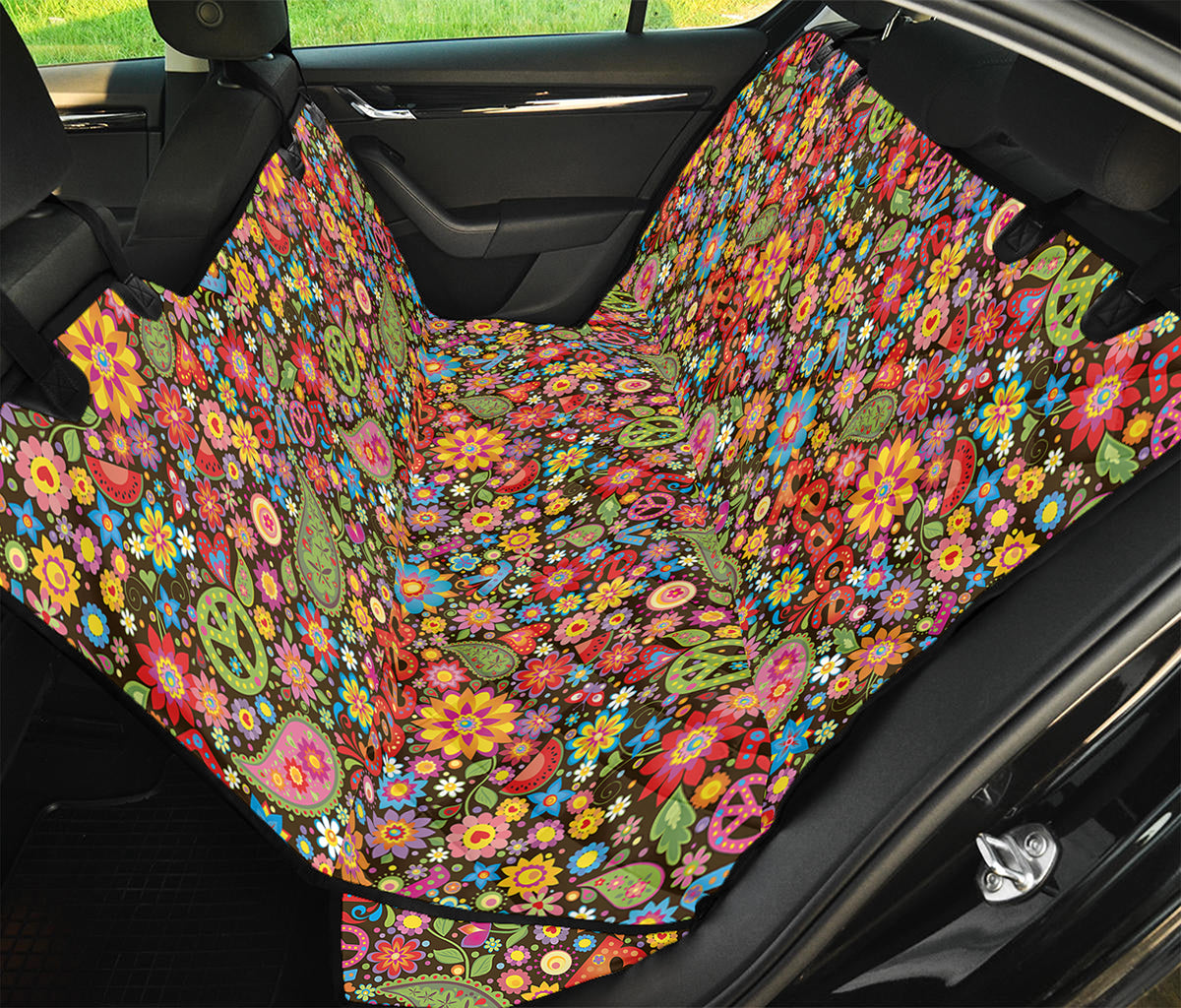 Colorful Hippie Peace Symbols Print Pet Car Back Seat Cover