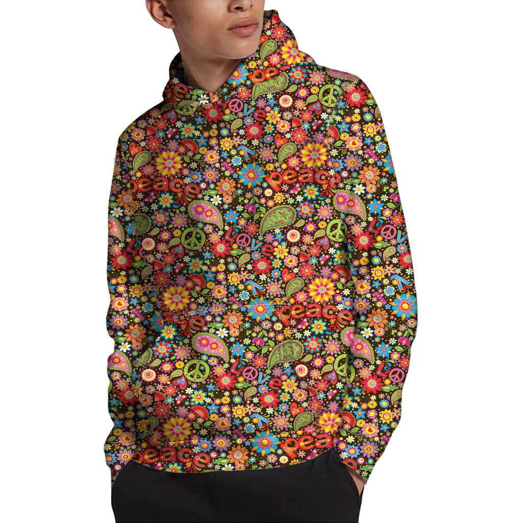 Colorful Hippie Peace Symbols Print Pullover Hoodie