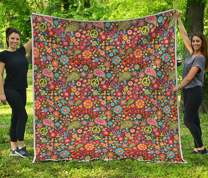 Colorful Hippie Peace Symbols Print Quilt