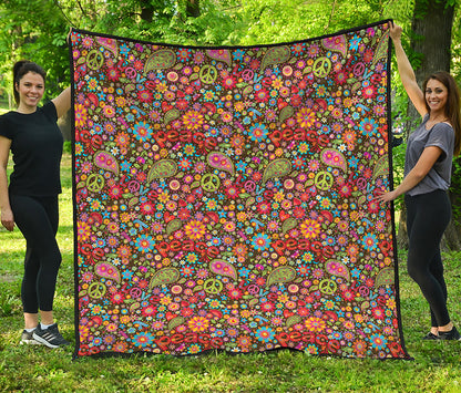 Colorful Hippie Peace Symbols Print Quilt