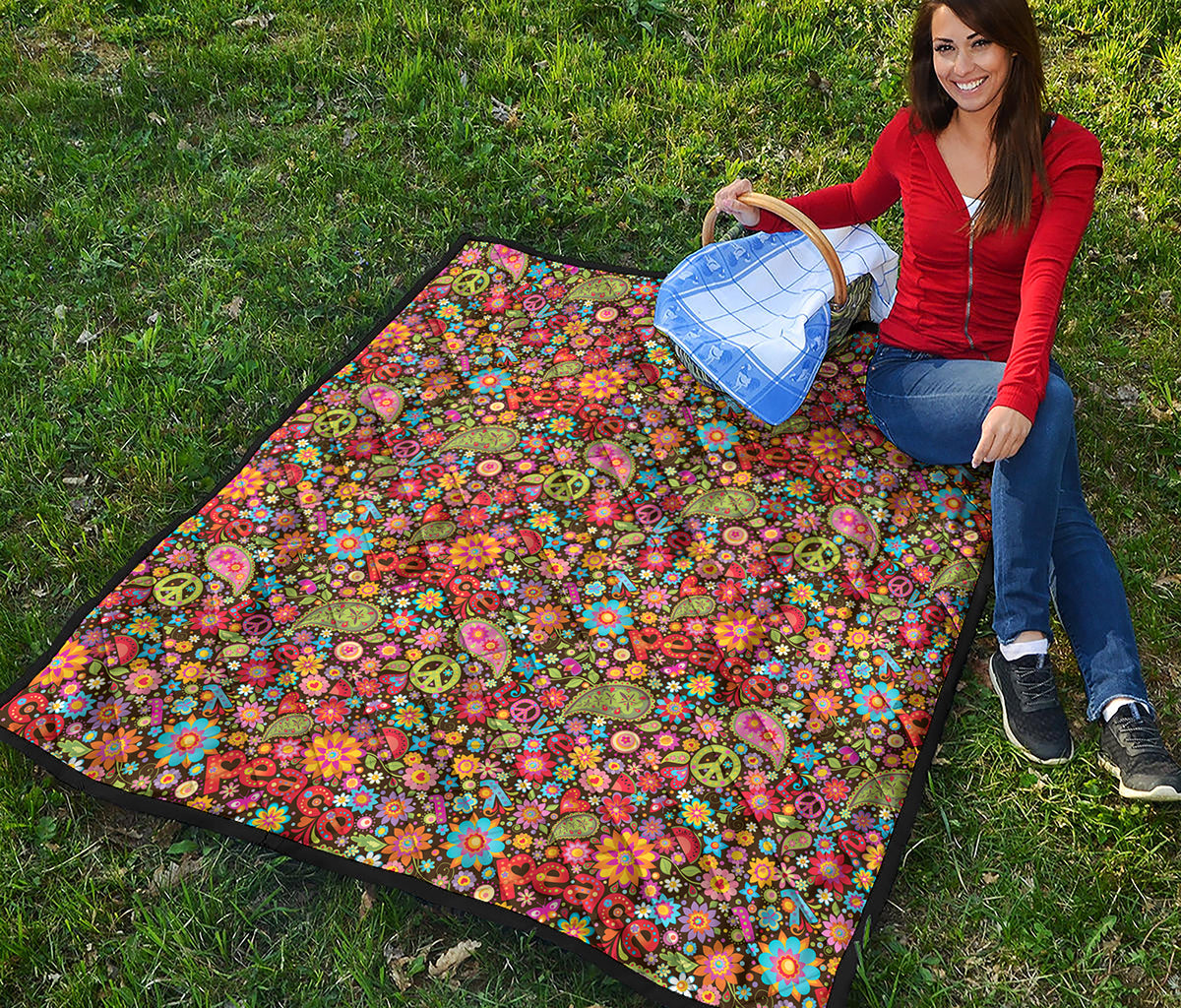 Colorful Hippie Peace Symbols Print Quilt