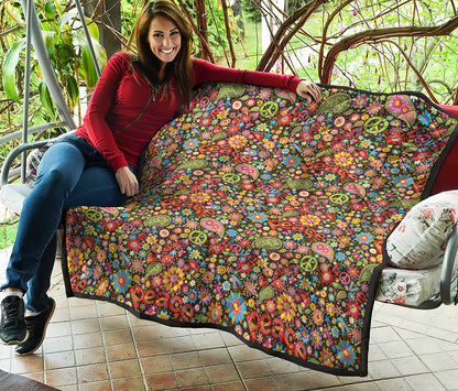 Colorful Hippie Peace Symbols Print Quilt