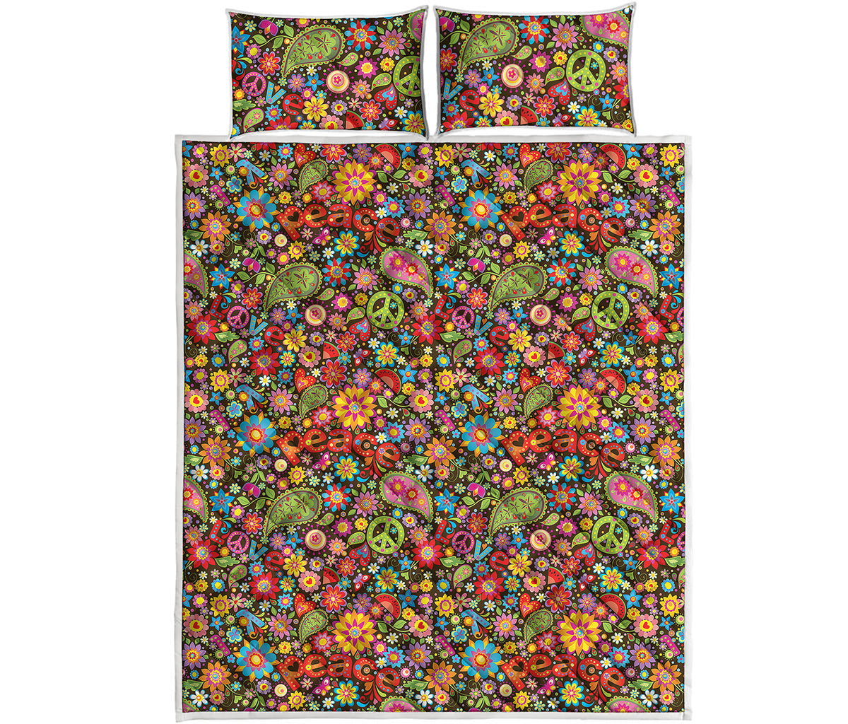 Colorful Hippie Peace Symbols Print Quilt Bed Set