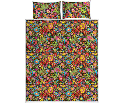 Colorful Hippie Peace Symbols Print Quilt Bed Set
