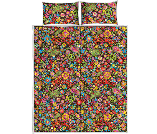 Colorful Hippie Peace Symbols Print Quilt Bed Set