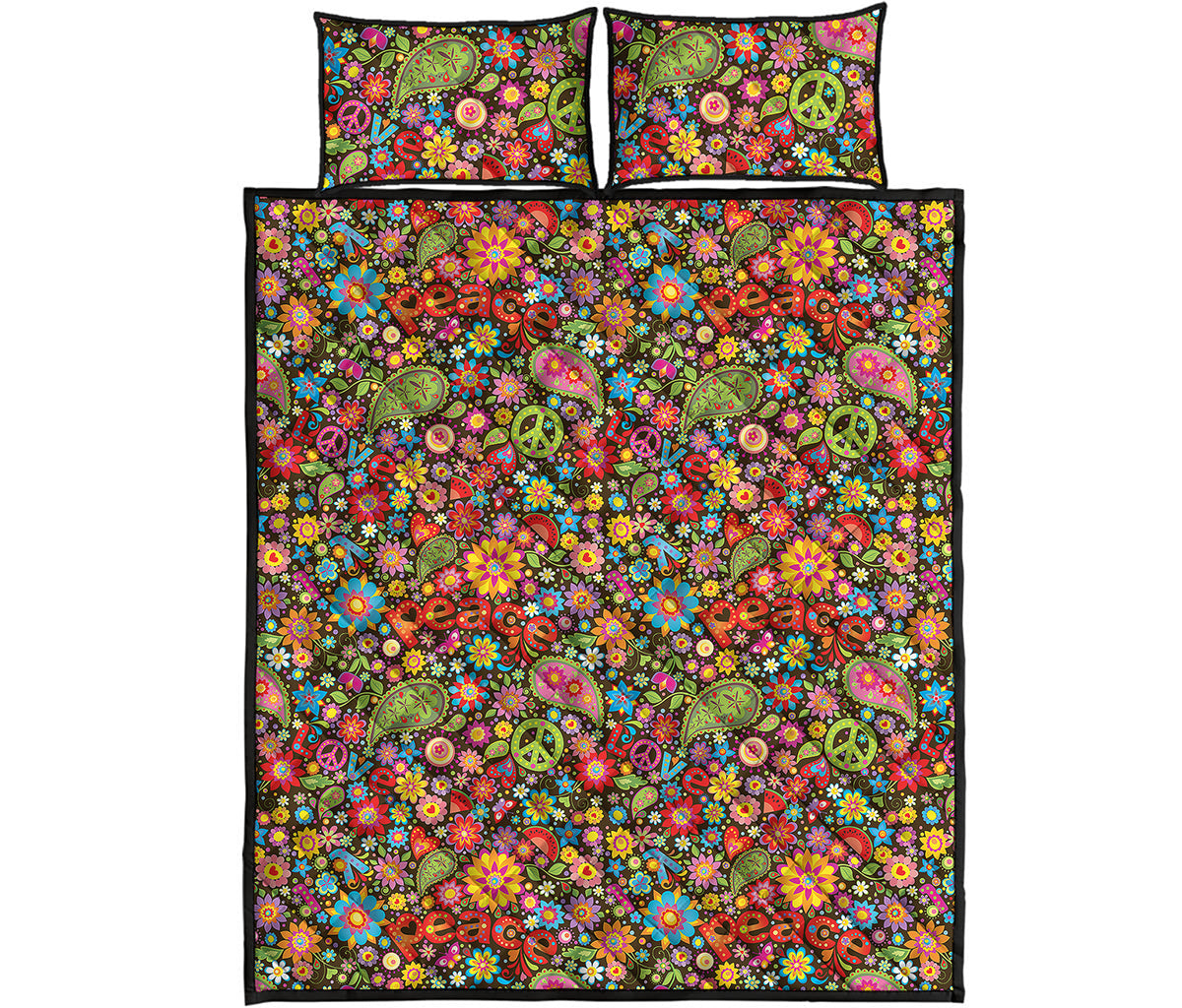 Colorful Hippie Peace Symbols Print Quilt Bed Set