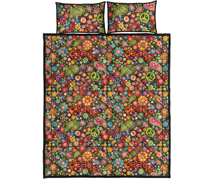 Colorful Hippie Peace Symbols Print Quilt Bed Set