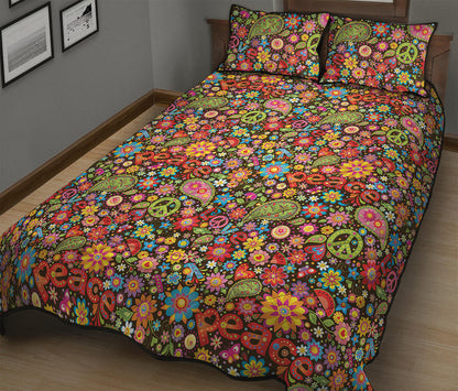 Colorful Hippie Peace Symbols Print Quilt Bed Set