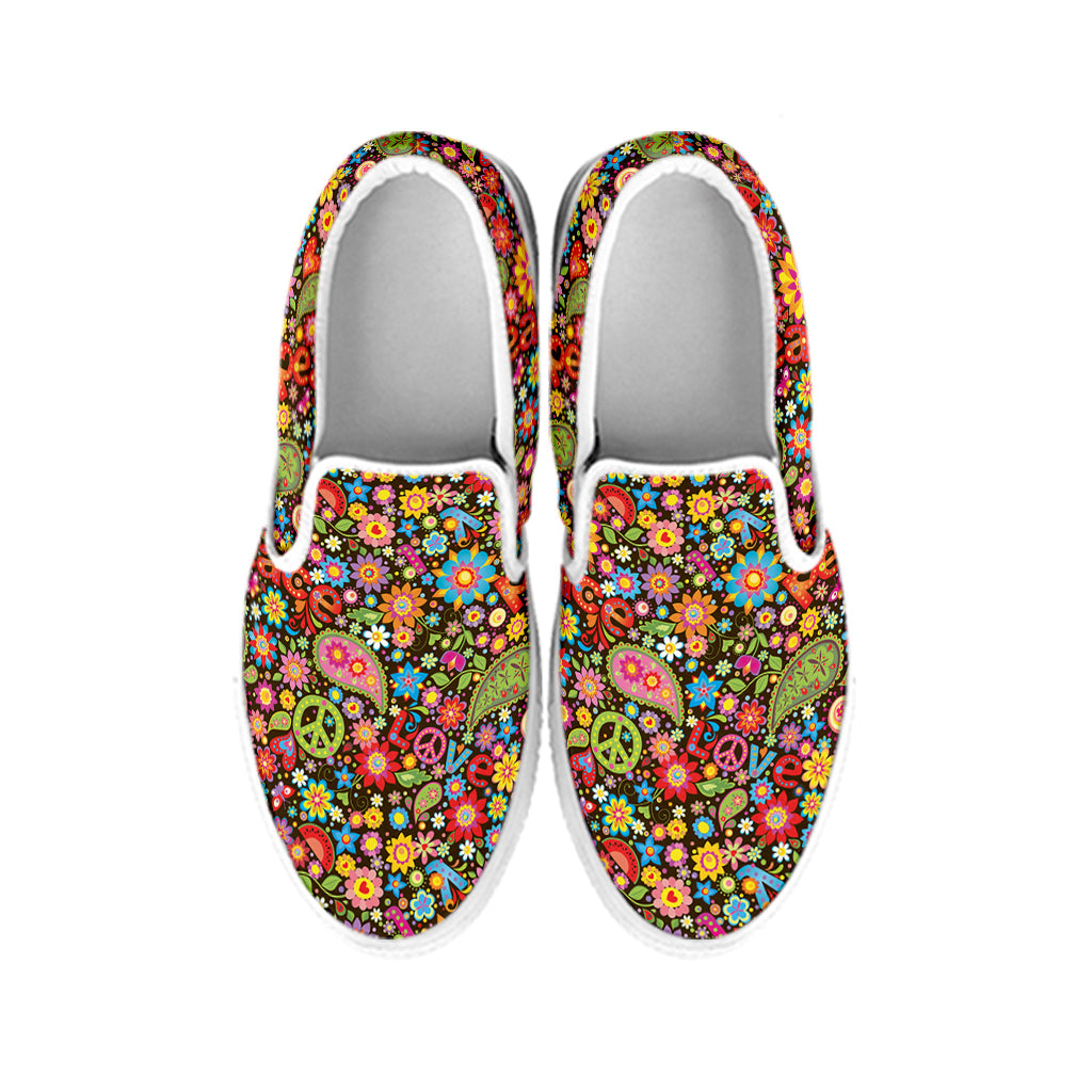 Colorful Hippie Peace Symbols Print White Slip On Shoes