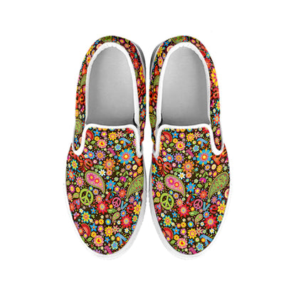 Colorful Hippie Peace Symbols Print White Slip On Shoes
