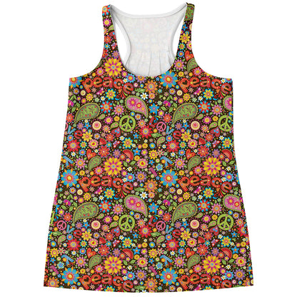 Colorful Hippie Peace Symbols Print Women's Racerback Tank Top