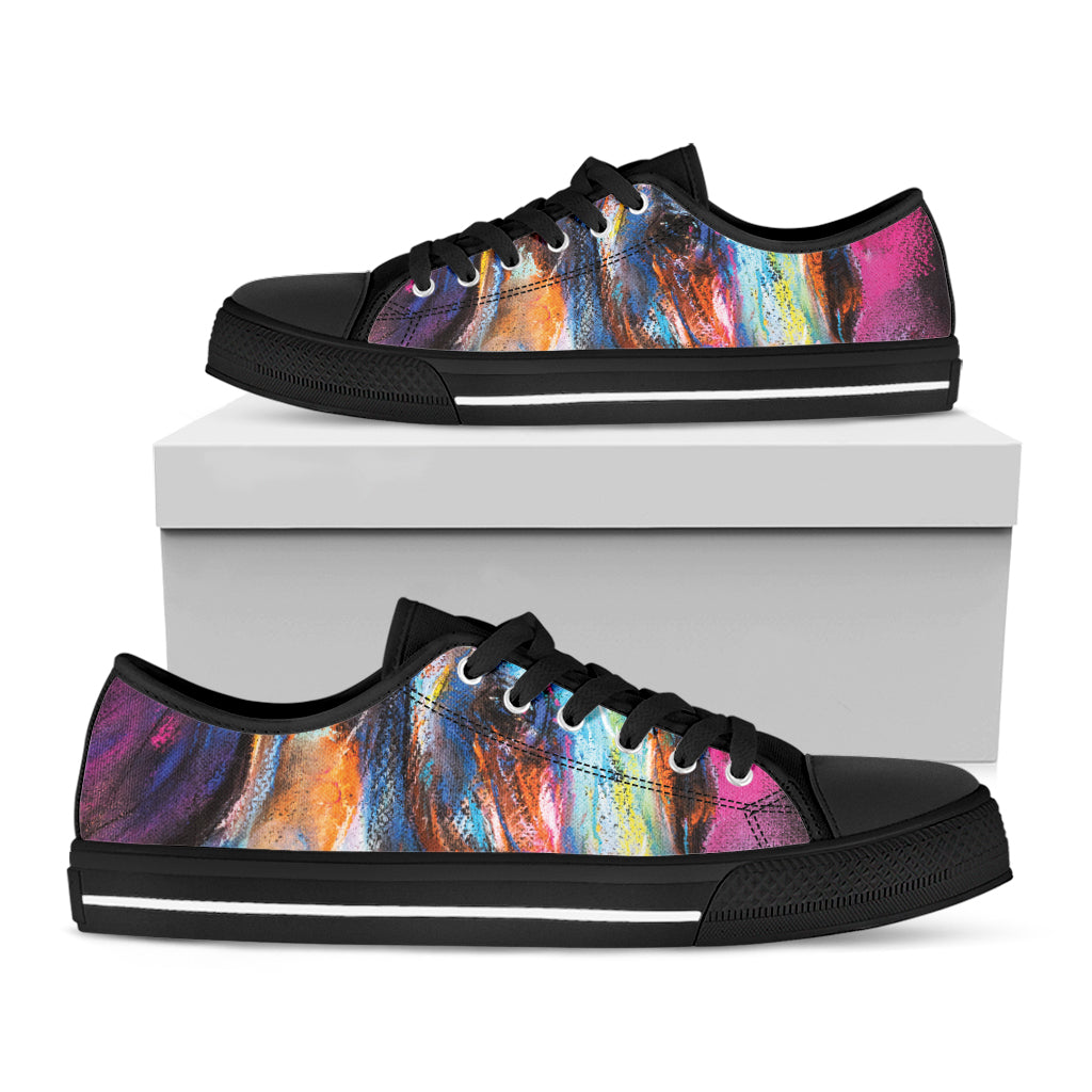 Colorful Horse Painting Print Black Low Top Shoes 
