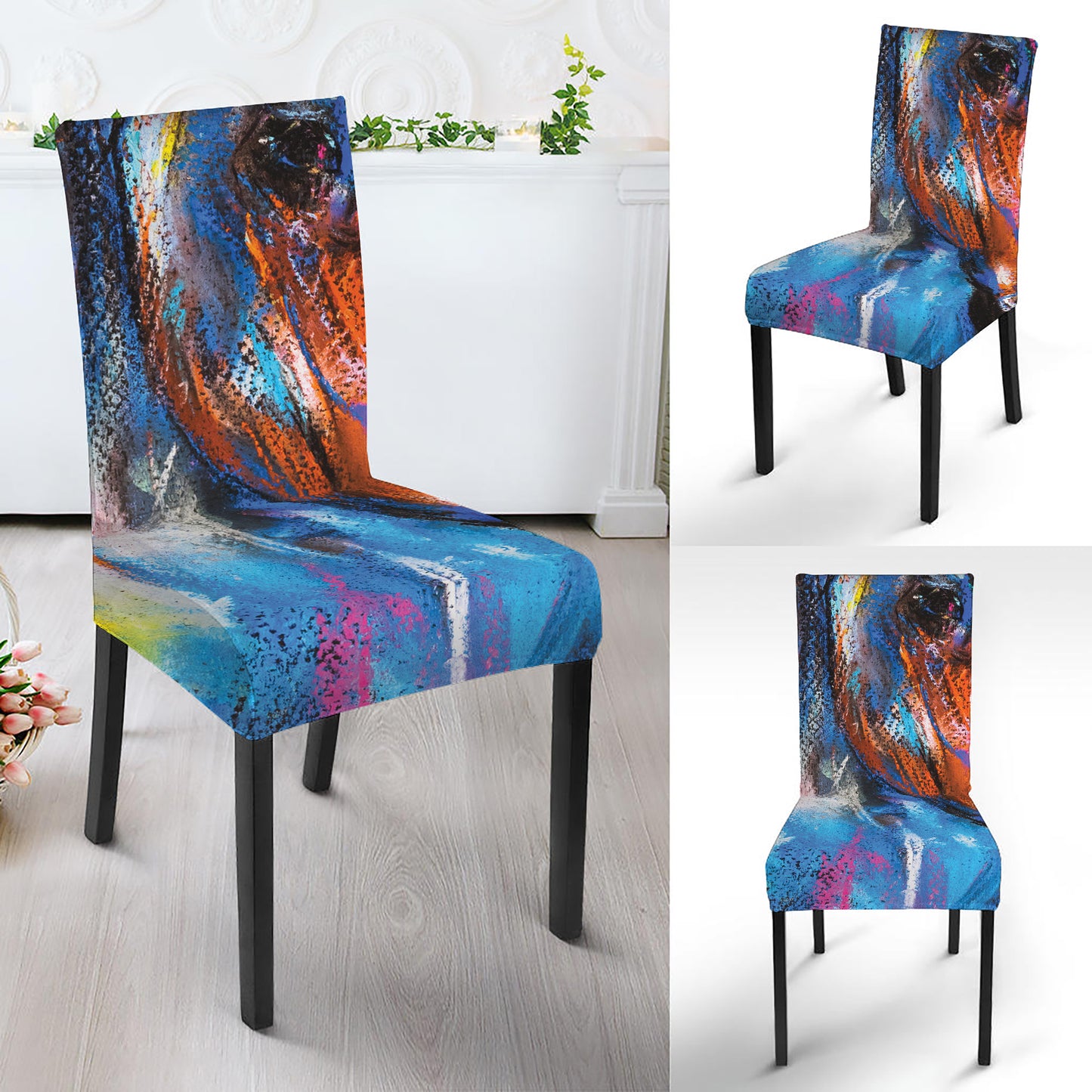 Colorful Horse Painting Print Dining Chair Slipcover