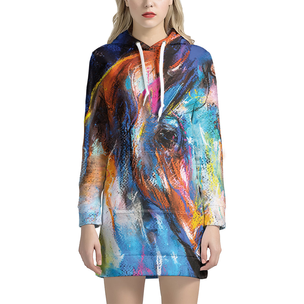 Colorful Horse Painting Print Pullover Hoodie Dress