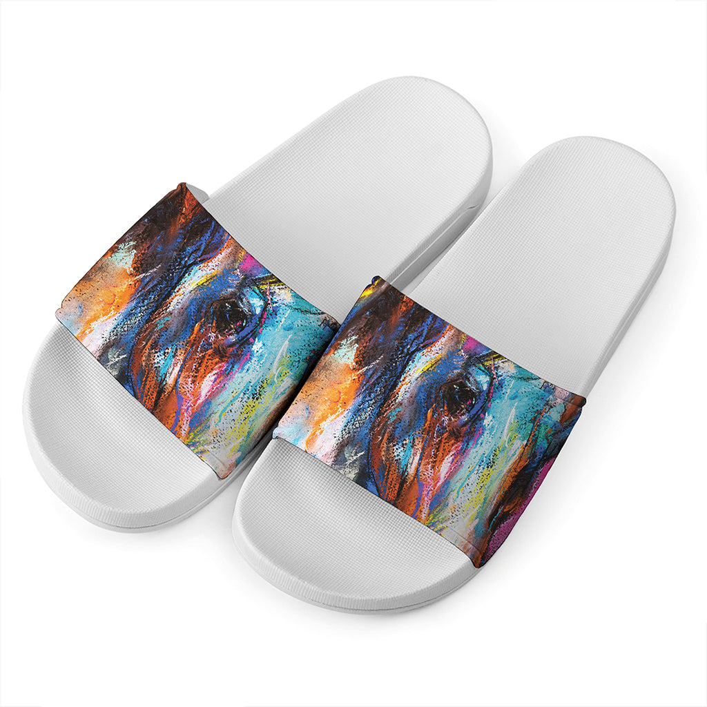 Colorful Horse Painting Print White Slide Sandals