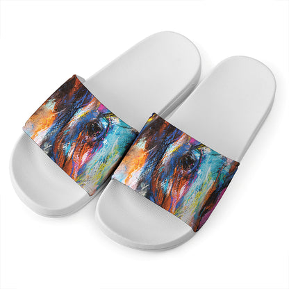 Colorful Horse Painting Print White Slide Sandals