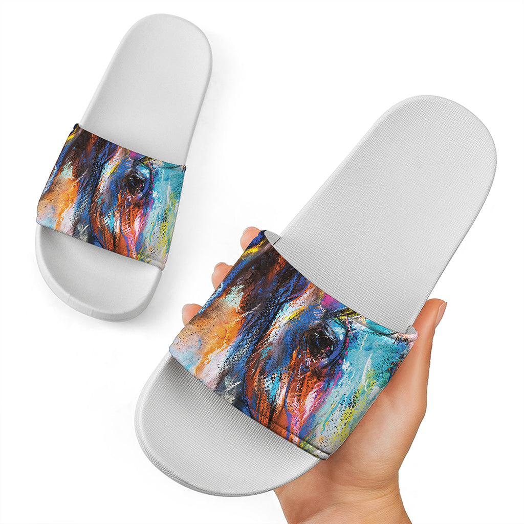 Colorful Horse Painting Print White Slide Sandals