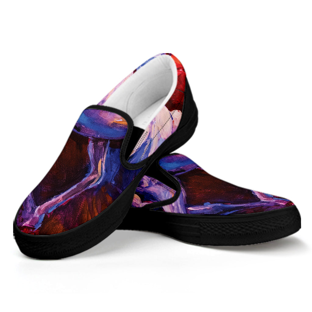 Colorful Horse Portrait Print Black Slip On Shoes