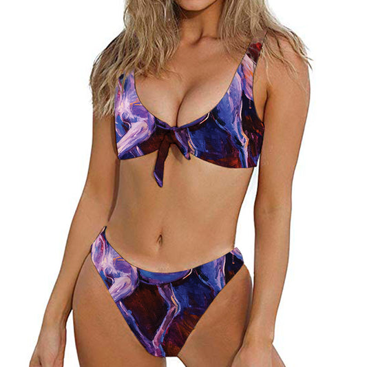 Colorful Horse Portrait Print Front Bow Tie Bikini