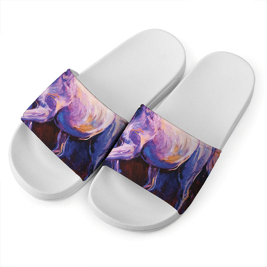 Colorful Horse Portrait Print White Slide Sandals