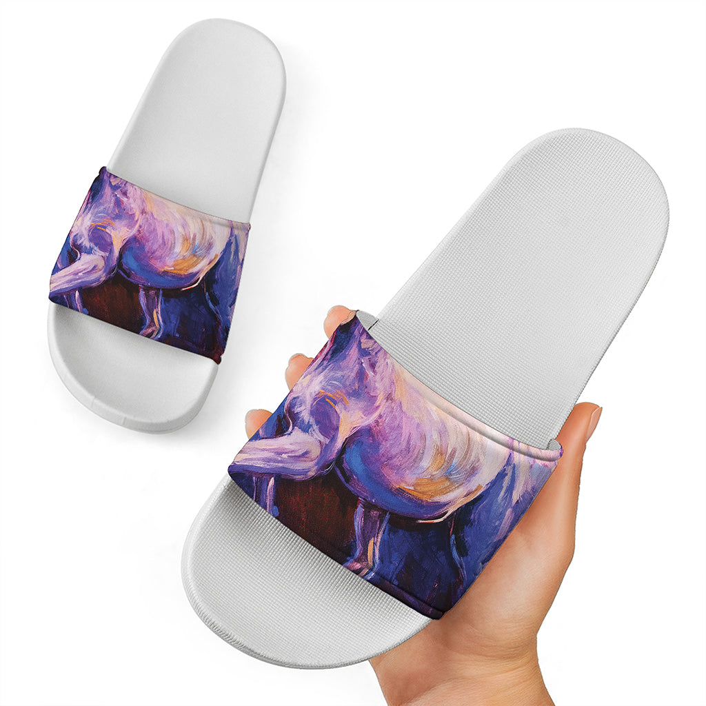 Colorful Horse Portrait Print White Slide Sandals
