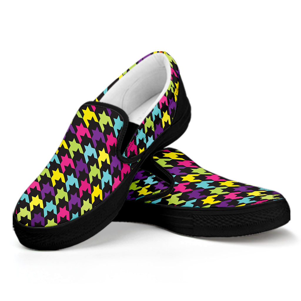 Colorful Houndstooth Pattern Print Black Slip On Shoes