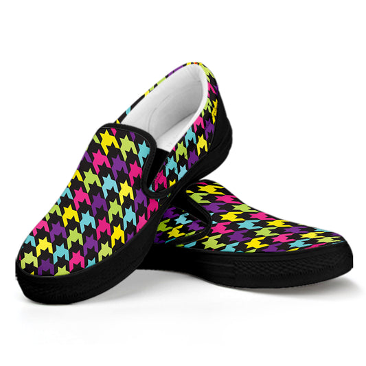 Colorful Houndstooth Pattern Print Black Slip On Shoes
