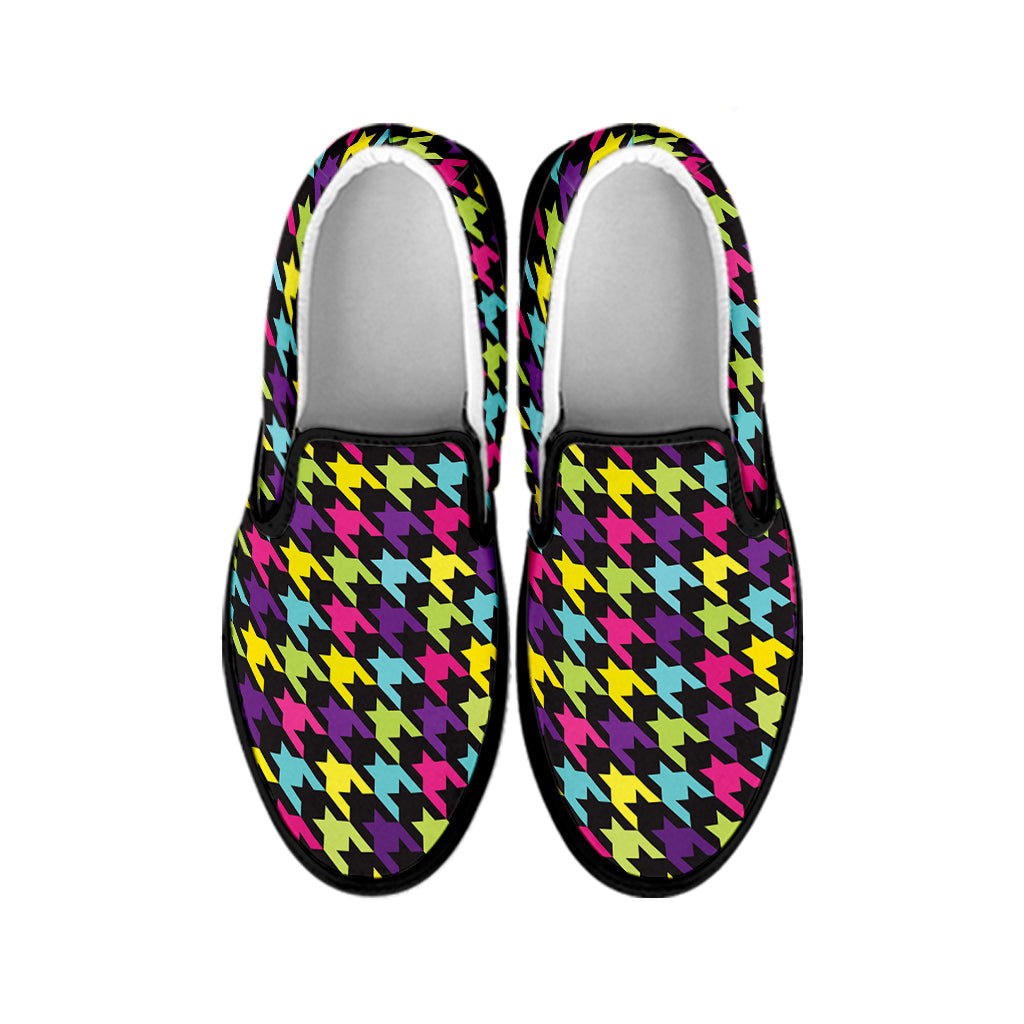 Colorful Houndstooth Pattern Print Black Slip On Shoes