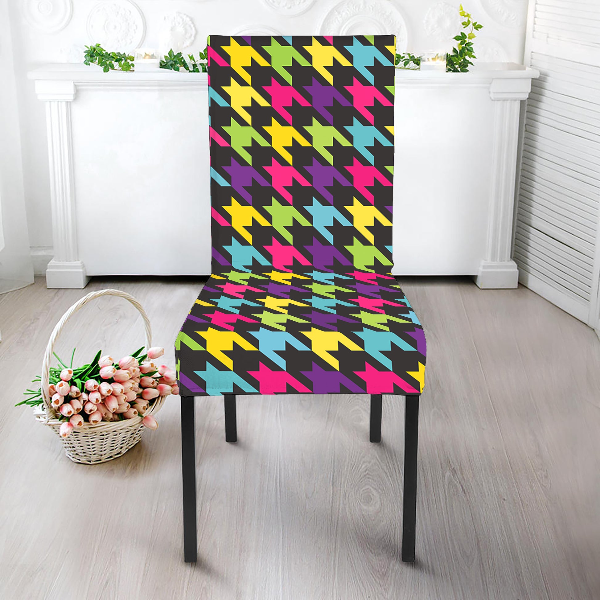 Colorful Houndstooth Pattern Print Dining Chair Slipcover