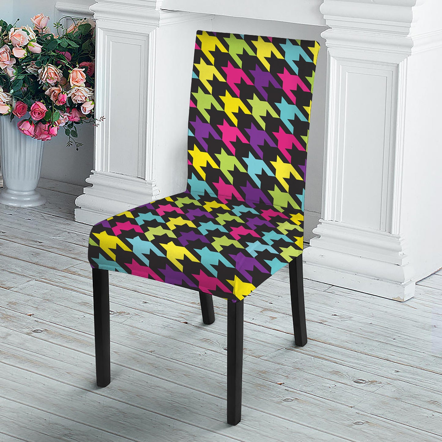 Colorful Houndstooth Pattern Print Dining Chair Slipcover