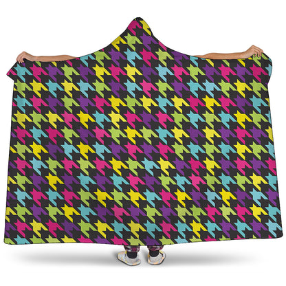 Colorful Houndstooth Pattern Print Hooded Blanket