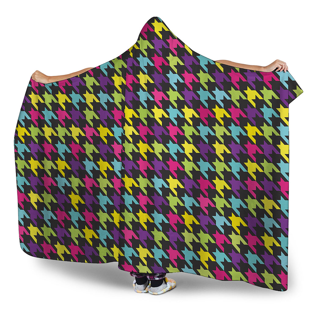 Colorful Houndstooth Pattern Print Hooded Blanket