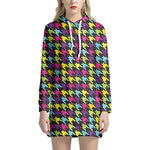 Colorful Houndstooth Pattern Print Hoodie Dress