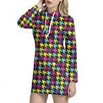 Colorful Houndstooth Pattern Print Hoodie Dress
