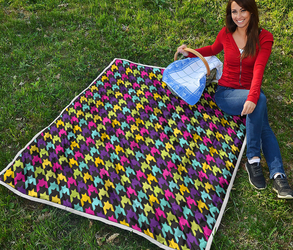 Colorful Houndstooth Pattern Print Quilt