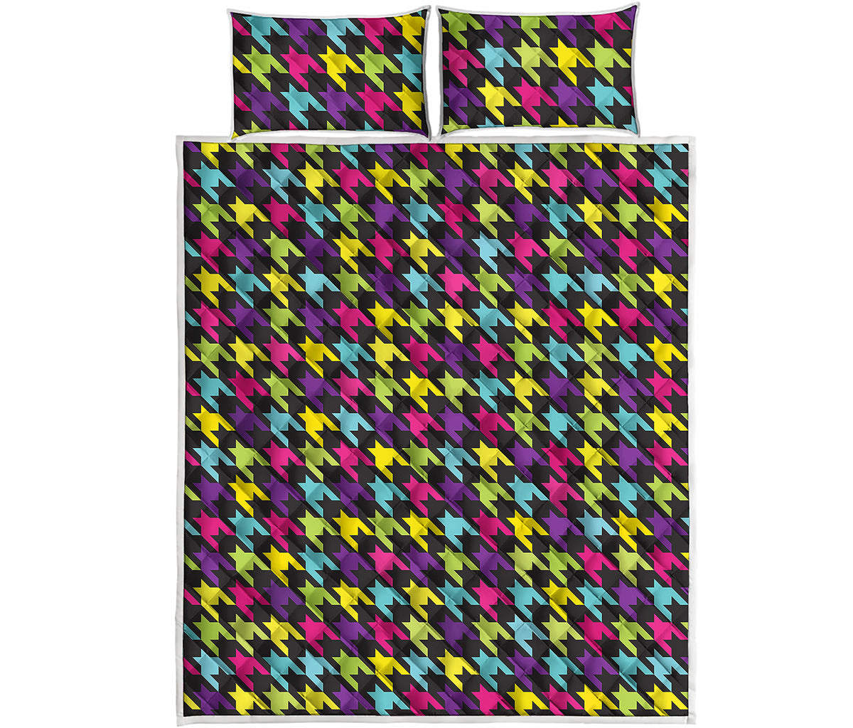 Colorful Houndstooth Pattern Print Quilt Bed Set
