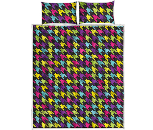 Colorful Houndstooth Pattern Print Quilt Bed Set
