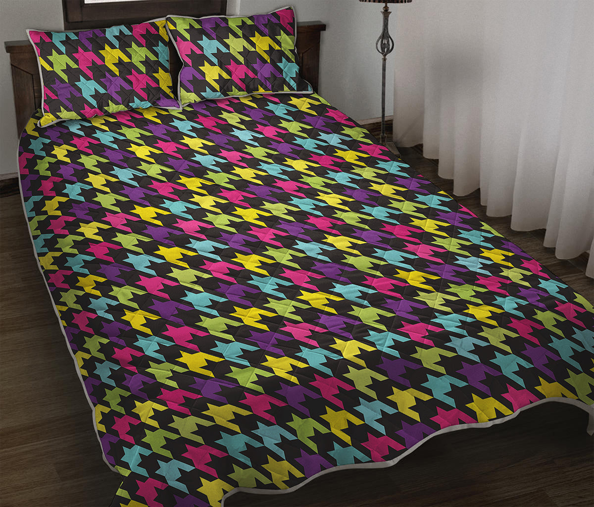 Colorful Houndstooth Pattern Print Quilt Bed Set