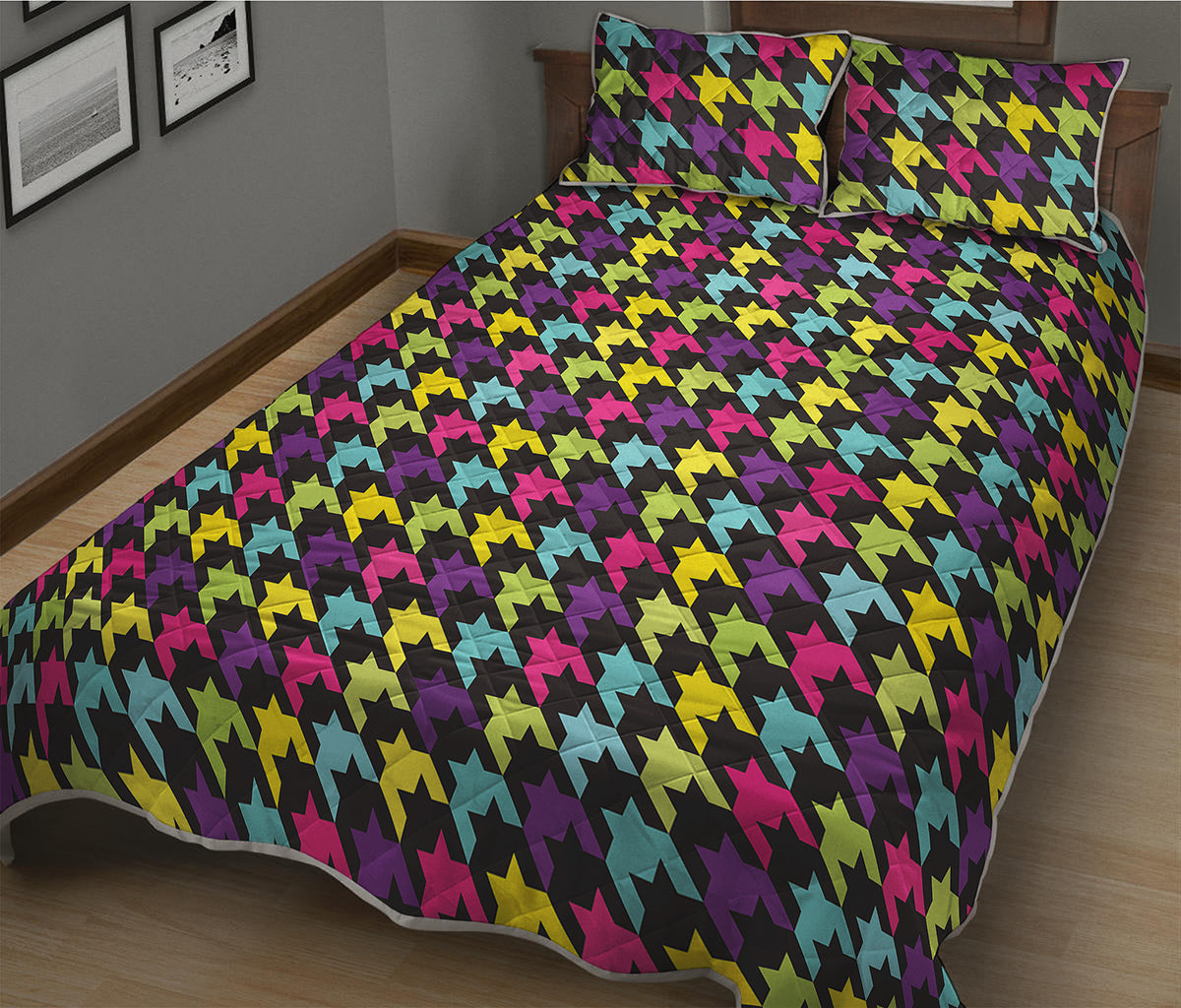 Colorful Houndstooth Pattern Print Quilt Bed Set