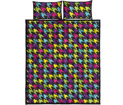 Colorful Houndstooth Pattern Print Quilt Bed Set