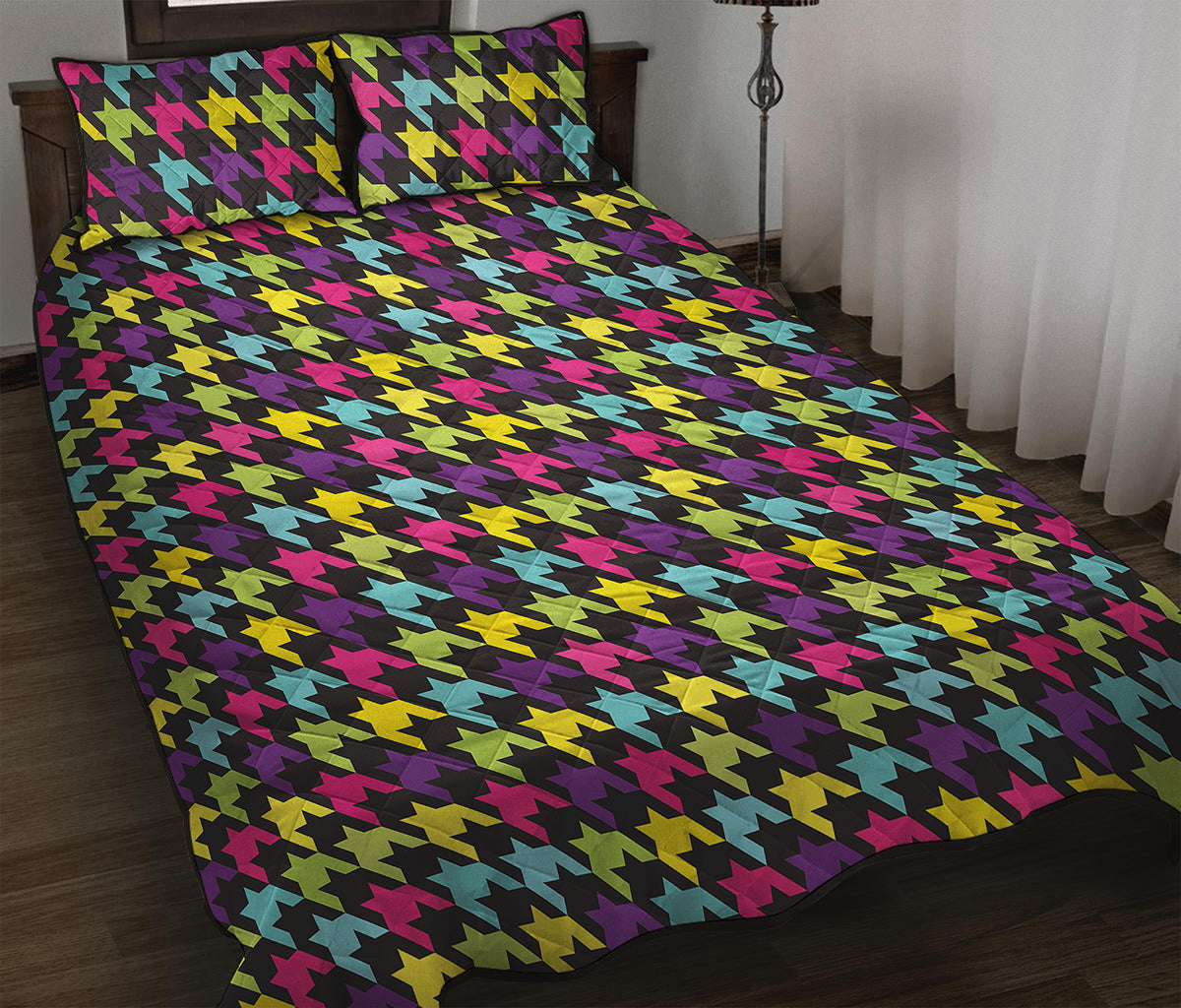 Colorful Houndstooth Pattern Print Quilt Bed Set