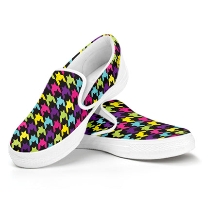 Colorful Houndstooth Pattern Print White Slip On Shoes