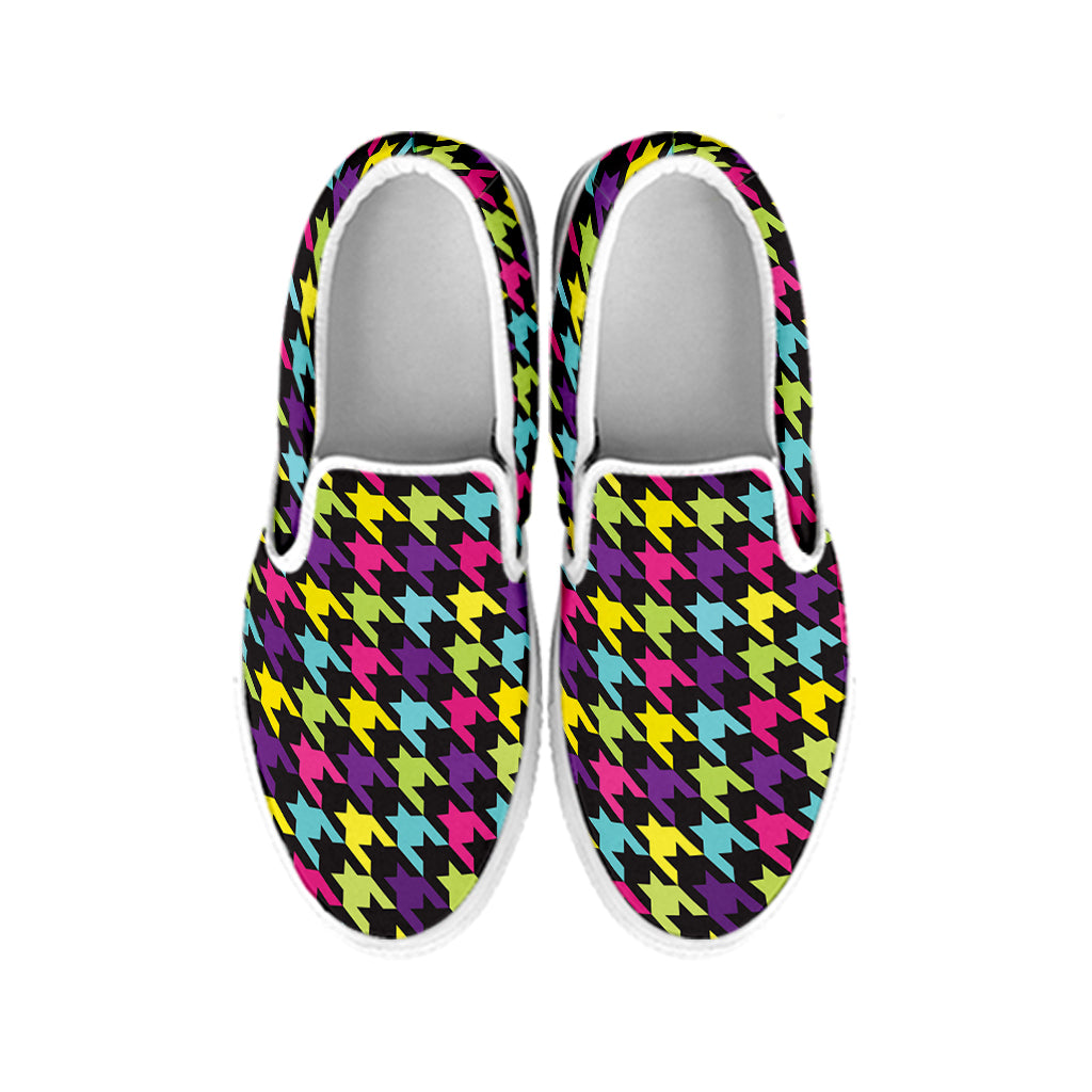 Colorful Houndstooth Pattern Print White Slip On Shoes