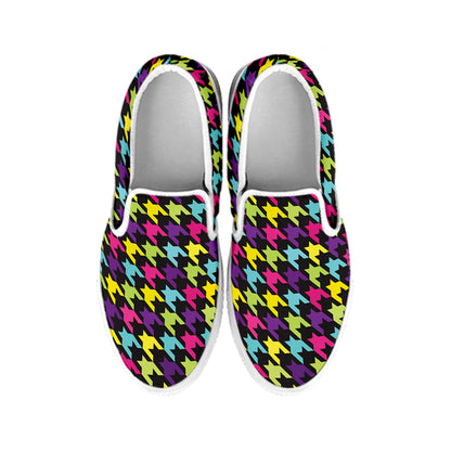 Colorful Houndstooth Pattern Print White Slip On Shoes