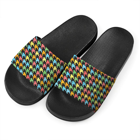Colorful Houndstooth Print Black Slide Sandals